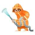 Funny Sloth Mammal as Firefighter Wearing Professional Fireproof Uniform with Water Hose Vector Illustration