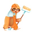 Funny Sloth Mammal as Painter Wearing Hard Hat Walking with Paint Roller and Bucket Vector Illustration