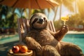 A funny sloth relaxes on a lounge chair by the pool. Generative AI