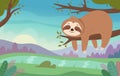 Funny sloths. Cute wild lazy animals relaxing or sleeping on branches sloths hugging exact vector cartoon colored