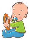 Funny small baby sitting with dummy and ring