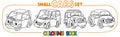 Funny small city cars with eyes. Coloring book set