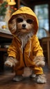 Funny small dog wearing yellow sport costume stands on its hind legs on wooden floor. Cute, cool attitude dog looking at camera Royalty Free Stock Photo