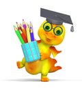 Funny small dragon character graduation cap diploma and pencils