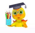 Funny small dragon character graduation cap diploma and pencils