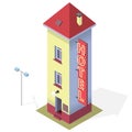 Funny small hotel. Tall comical hostel. Isometric hostel building. Motel.