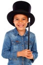 Funny small magician with a top hat and a magic wand Royalty Free Stock Photo