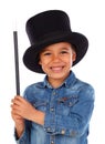 Funny small magician with a top hat and a magic wand Royalty Free Stock Photo