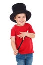 Funny small magician with a top hat and a magic wand Royalty Free Stock Photo