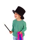 Funny small magician with a top hat and a magic wand Royalty Free Stock Photo