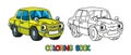 Funny small retro car with eyes. Coloring book