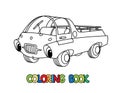 Funny small retro car with eyes. Coloring book