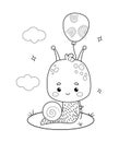 Funny small snail character with balloon. Comic outline cartoon insect. Line drawing, coloring book. Kids collection