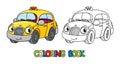 Funny small taxi car with eyes. Coloring book