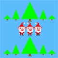 Funny small three Santa Claus in retro forest