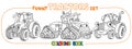 Funny small tractor set with eyes. Coloring book