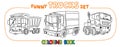 Funny small trucks with eyes. Coloring book set