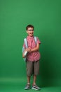 Funny smart Caucasian boy 7 years old with glasses with a school bag and a book Royalty Free Stock Photo