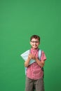 Funny smart Caucasian boy 7 years old with glasses with a school bag and a book Royalty Free Stock Photo