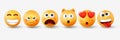 Funny smile pack, 3d emoji. Glossy cute yellow people and cat, crazy and surprised emotions, laugh and angry emotions