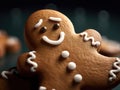 The funny smiley face of one gingerbread man close-up. Traditional original Christmas treat, fragrant pastries made from