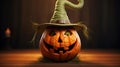 Funny Smiley pumpkin with a green witch hat - Halloween Theme Royalty Free Stock Photo