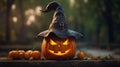 Funny Smiley pumpkin with witch hat - Halloween Theme Royalty Free Stock Photo