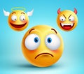 Funny smiley vector character thinking choice between good angel