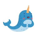 Funny smiling baby narwhal. Cute happy sea mammal animal cartoon character vector illustration Royalty Free Stock Photo
