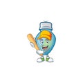 Funny smiling blue christmas bulb cartoon mascot playing baseball Royalty Free Stock Photo