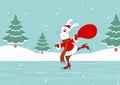 A funny smiling bunny or rabbit dressed in santa claus clothes carrying a big bag with christmas gifts is skating in Royalty Free Stock Photo