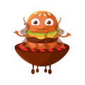 Funny smiling burger with big eyes sitting on the hot BBQ charcoal grill. Cute cartoon fast food emoji character vector