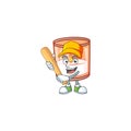 Funny smiling candle in glass cartoon mascot playing baseball