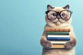 funny smiling cat school with glasses hold books on blue background. ai generative Royalty Free Stock Photo