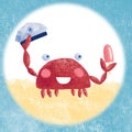 Funny smiling crab captain with a hat and ice cream in claws, on beach, children illustration