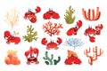 Funny smiling crab characters set. Cute crustacean creatures with big claws and seaweeds vector