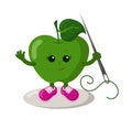 Funny smiling cute kawaii apple with sneakers holding sewing needle