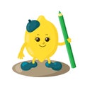 Funny smiling cute kawaii lemon with beret and shoes holding a pencil.