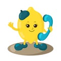 Funny smiling cute kawaii lemon with beret and shoes holding a phone.