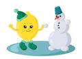 Funny smiling cute kawaii lemon with winter shoes and warm hat making a snowman.