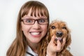 Funny smiling dog and veterinarian in veterinary clinic Royalty Free Stock Photo