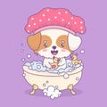 Funny dog wearing pink shower cap bathes in bath with foam and rubber duck toys. Cute cartoon animal character. Vector Royalty Free Stock Photo