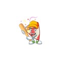 Funny smiling exploding confetti cartoon mascot playing baseball