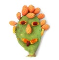 Funny smiling face created of ripe exotic fruit prickly pear and lychee
