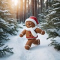 Funny Gingerbread man in santa hat running in the winter forest