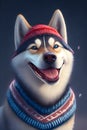 Funny smiling husky dog with laughing eyes in a Christmas hat and collar. Happy and fun of pet