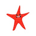 Funny smiling red cartoon starfish character, invertebrate sea animal cartoon vector Illustration