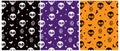 Funny Smiling Skulls and Flying Bats isolated on a Violet, Orange and Black Background.
