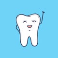 Funny smiling tooth waving hand. Beautiful joyful mascot or symbol for dental clinic or hospital. Cute friendly cartoon