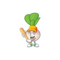 Funny smiling turnip cartoon mascot with baseball